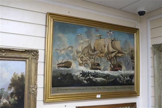 19th century School, oil on canvas, The Glorious Victory obtained over the French Fleet by the British Fleet 58 x 89cm